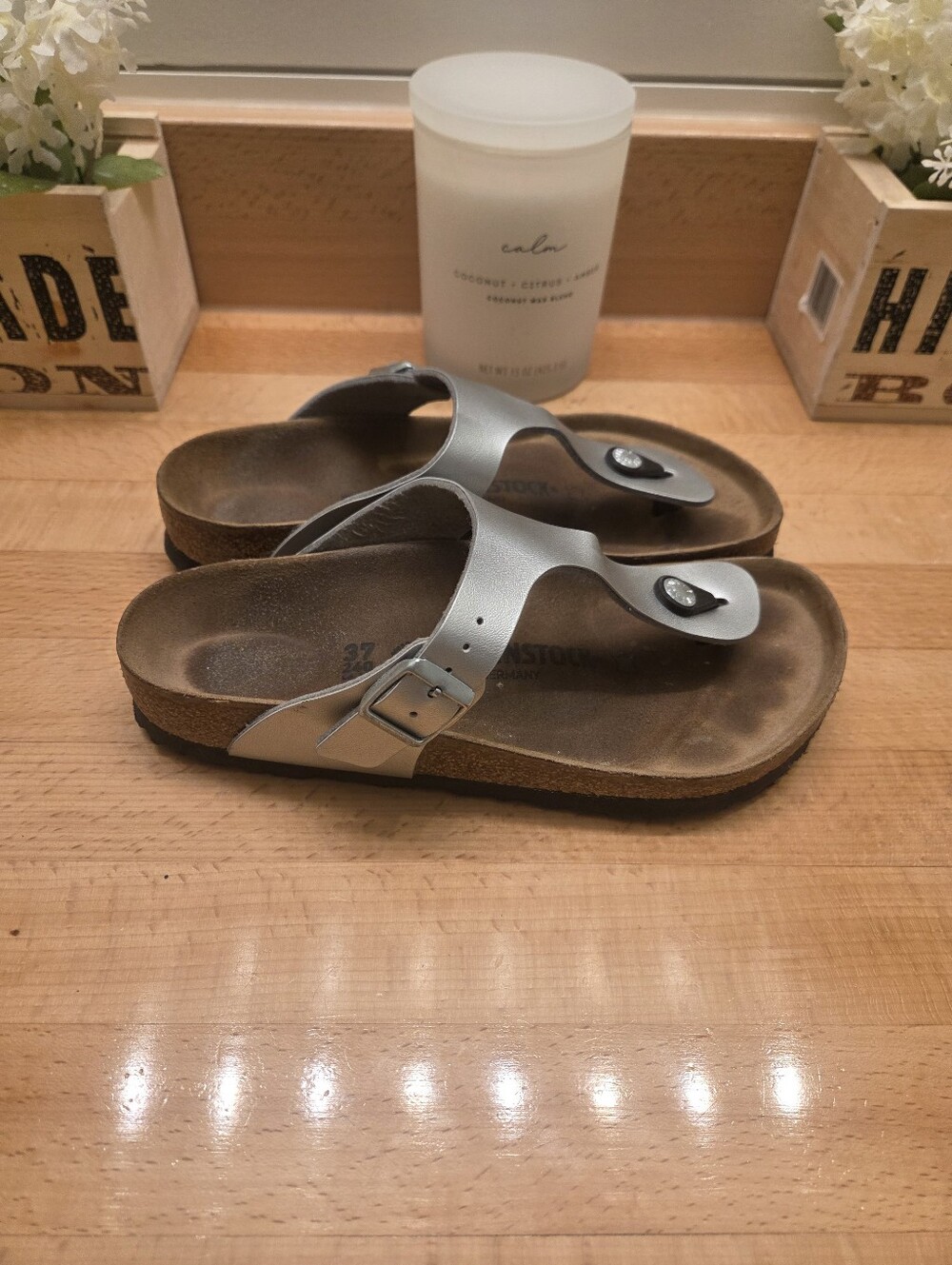 Birkenstock Gizeh Sandals Metallic Silver Birko-Flor Women's Size EU 37